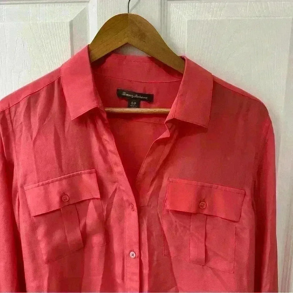 Tommy Bahama Bright Pink Coral 100% Silk Button Down Shirt Ladies S Lightweight - Picture 2 of 7